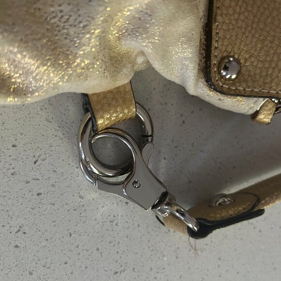 Kathy Van Zeeland Gold Metallic Shoulder Bag Studded Glam Purse Slouchy Tote Vtg - Picture 6 of 14